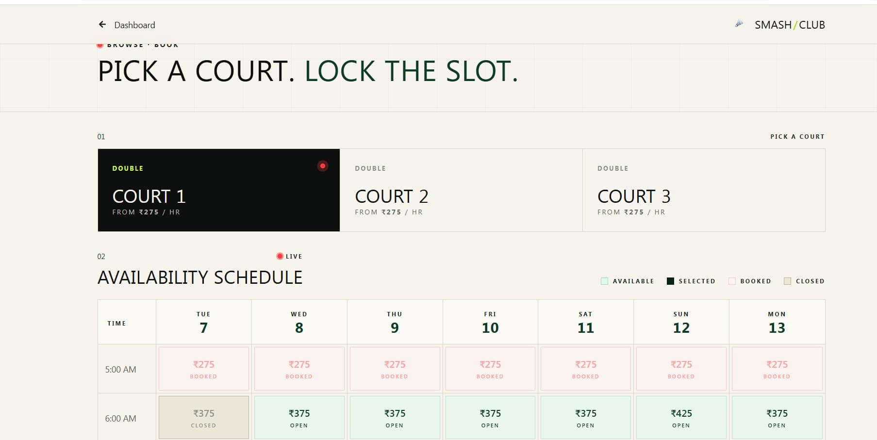 SmashClub live court booking dashboard